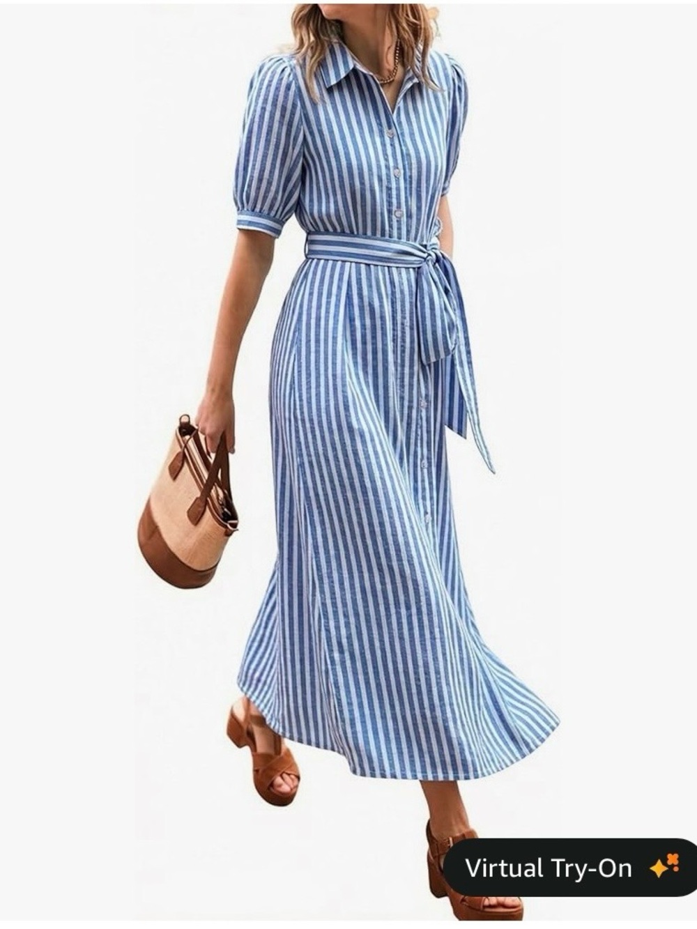 Women’s Striped Blue and White Button-Front Midi Dress with Tie Waist, Sz M